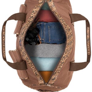 Shot Shell old school camo canvas weekender bag brown tan open top