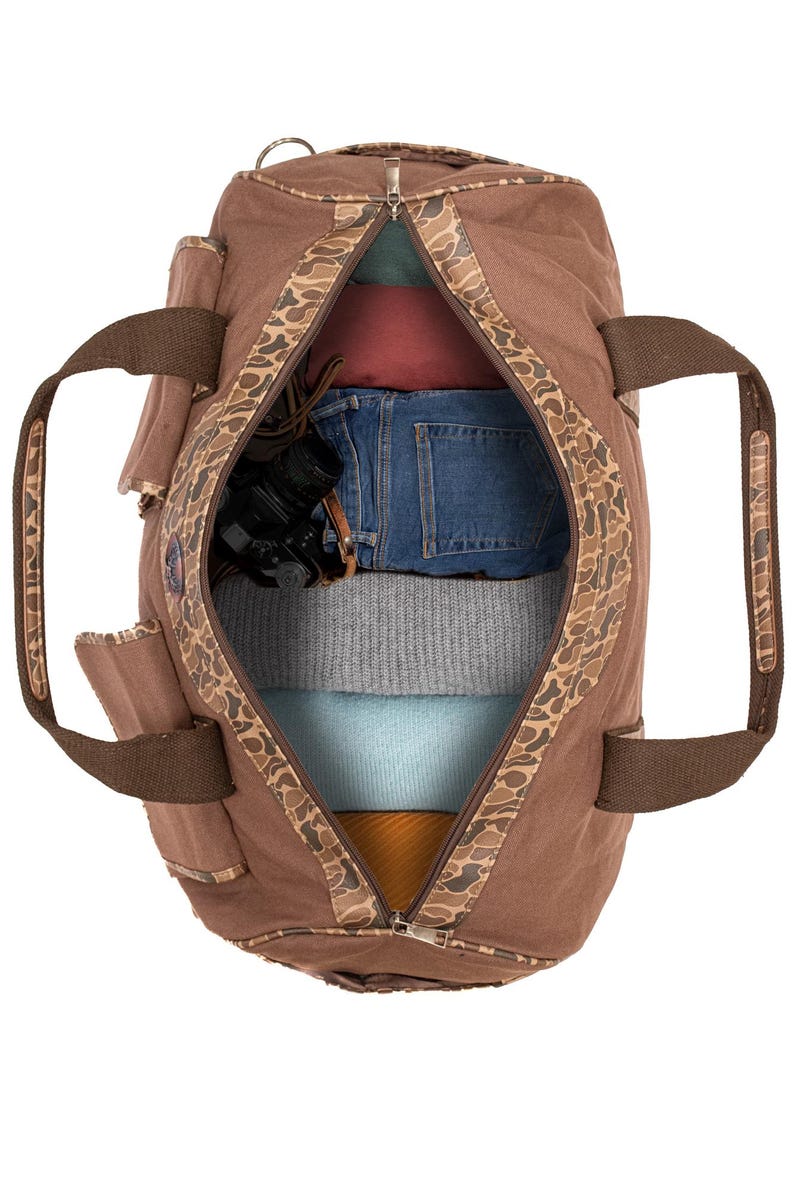 Shot Shell old school camo canvas weekender bag brown tan open top