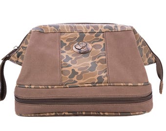 Lab Men&#39;s Toiletry Dopp Bag. Brown Waxed Canvas With Old School Camo Accent Finish. Antique Copper Logo.