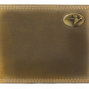 Cartera de cuero plegable para hombre Mallard. Cuero de plena flor color canela vintage con logotipo de latón antiguo