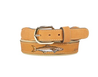 Cobia Embroidered Nubuck Leather Belt. Tan Full Grain Leather Tabs, Solid Brass Buckle and Cotton Webbing.