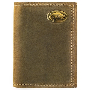 Cartera de cuero triple para hombre Bass. Cuero de plena flor color canela vintage con logotipo de latón antiguo