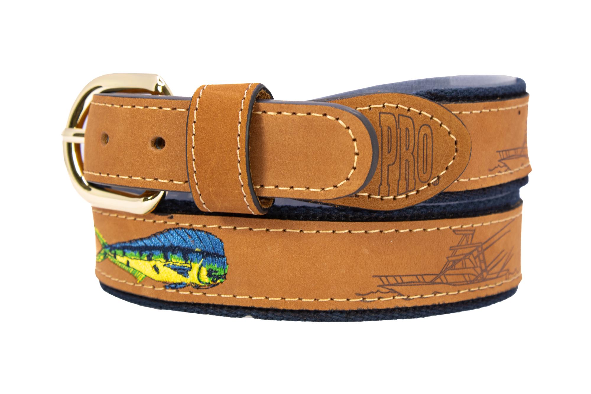 Dolphin Mahi-mahi Embroidered Nubuck Leather Belt. Tan Full 