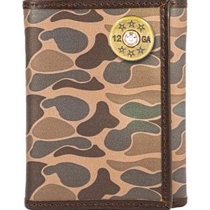 Cartera de cuero con tres pliegues y diseño camuflado de Shotshell para hombre. Cuero de grano completo con logotipo en cobre antiguo