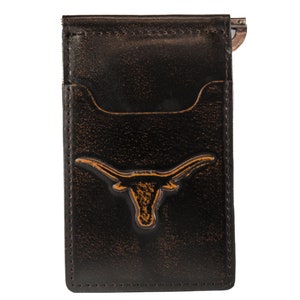 Texas Longhorns Men&#39;s Collegiate Front Pocket Clip Leather Wallet. Brown Burnished Full Grain Finish With Debossed Logo