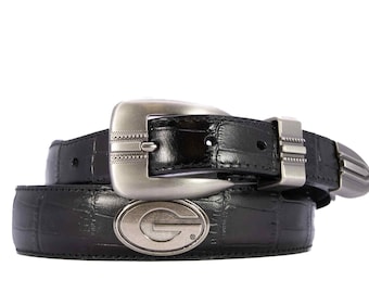 Elegancki skórzany pasek męski Georgia Bulldogs. Prezent od Georgii. Gadżety UGA Dawgs. Wzór krokodyla. Gładkie wykończenie z pełnego ziarna. Metalowe emblematy.