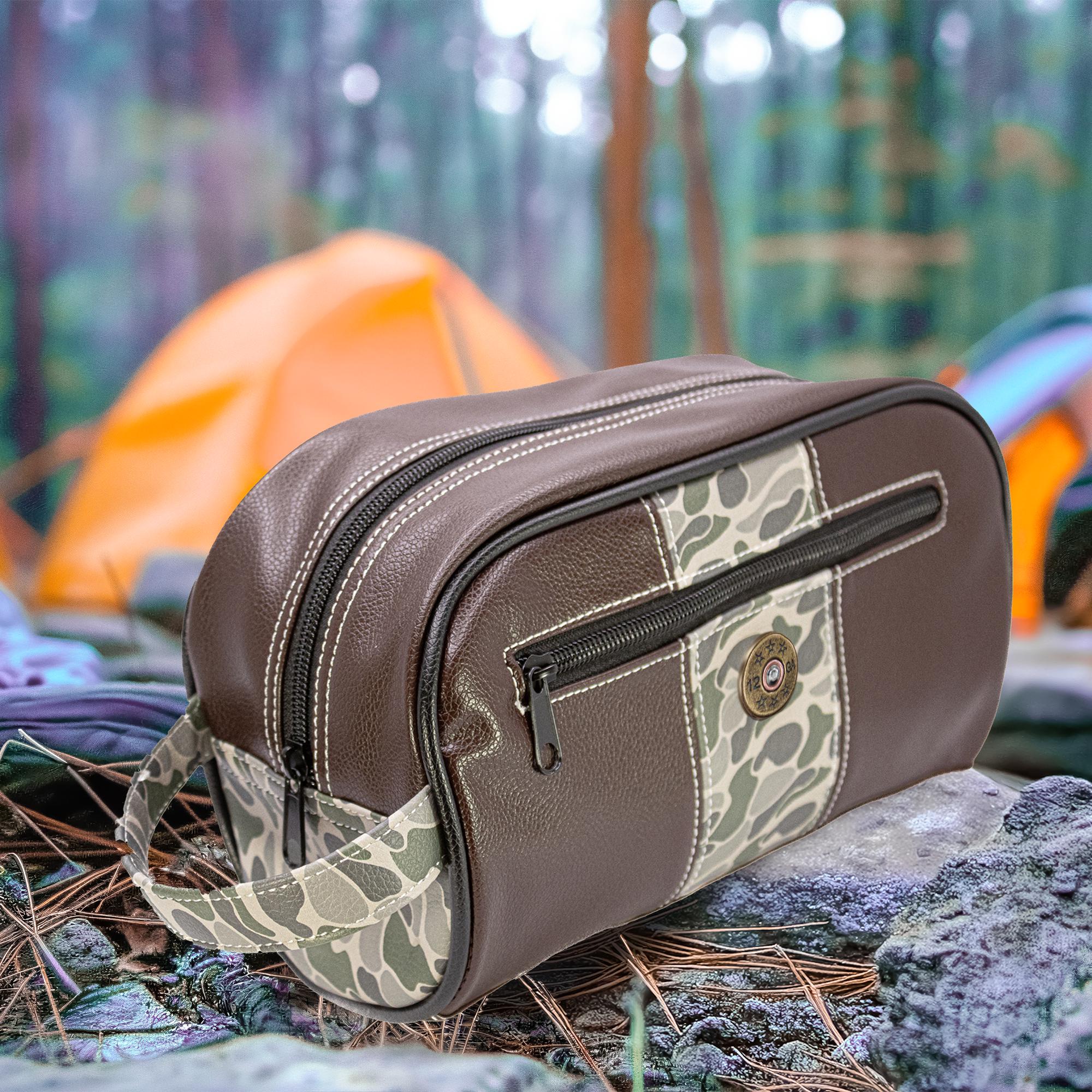 Shot Shell Men's Toiletry Dopp Bag. Old School Camo With Brown