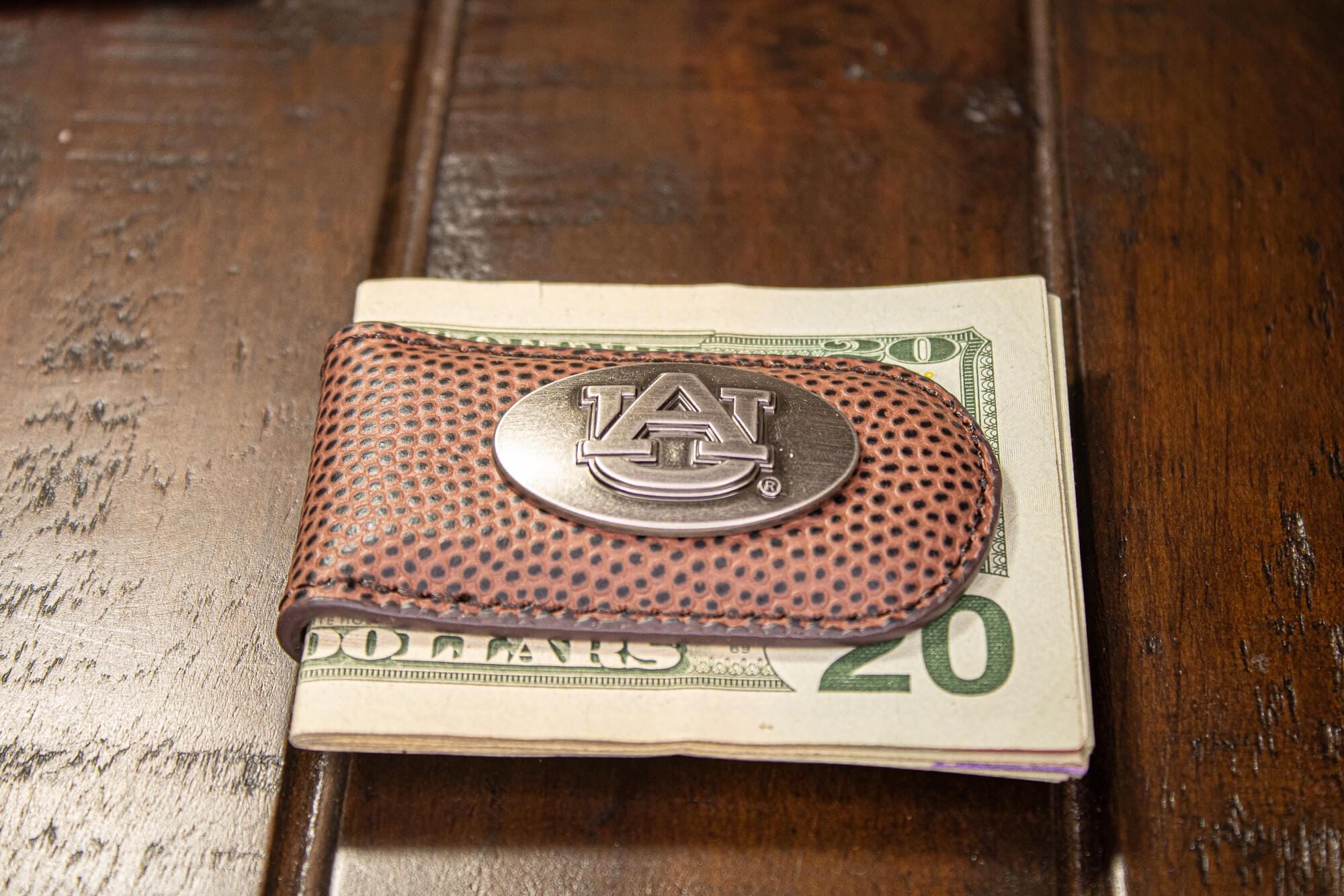 Auburn Tigers Leather Magnetic Money Clip Wallet - Silver Emblem