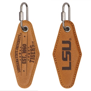 LSU Tigers Collegiate Full Grain Leather Key Fob. Brown Burnished and Tan Embossed Key Ring. Vintage Rhombus Shape Screw-in Closure.