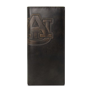 Cartera de cuero Collegiate Secretary para hombre de Auburn Tigers. Acabado de plena flor marrón bruñido con logotipo grande grabado