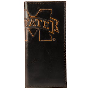 Cartera de cuero para secretario colegiado de Mississippi State Bulldogs para hombre. Acabado de plena flor marrón bruñido con logotipo grande grabado