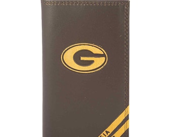 Cartera de cuero repujado para hombre de los Georgia Bulldogs. Cartera triple de los UGA Dawgs. Cartera de secretaria de Georgia. Cartera universitaria marrón. Estampado atlético de los Bulldogs.
