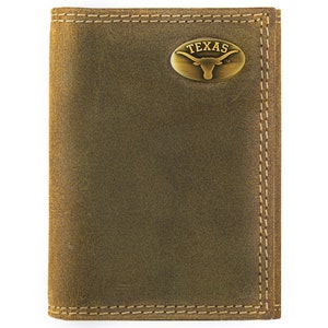 Cartera de cuero triple plegable para hombre Texas Longhorns. Cuero de plena flor color canela vintage con logotipo de latón antiguo