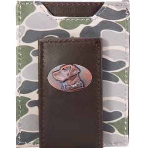 Cartera de cuero con diseño de camuflaje de la vieja escuela con bolsillo frontal magnético para hombre de Lab. Cuero de grano completo con logotipo de cobre antiguo