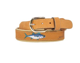 Bluefin Tuna Embroidered Nubuck Leather Belt. Tan Full Grain Leather Tabs, Solid Brass Buckle and Cotton Webbing.