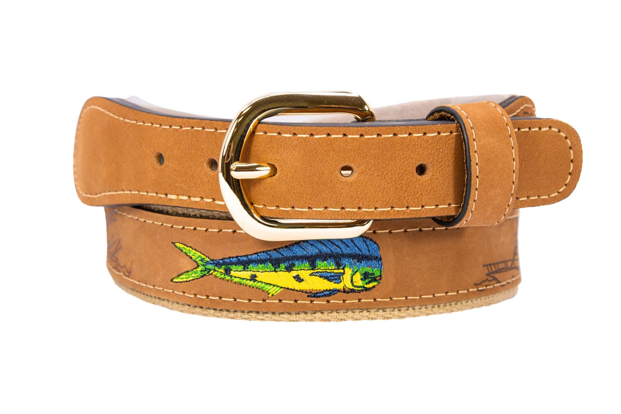 Dolphin Mahi-mahi Embroidered Nubuck Leather Belt. Tan Full Grain