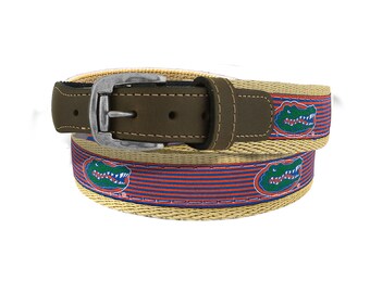 Florida Gators Preppy Pinstripe Ribbon Belt with Khaki Webbing and Brown Leather Tabs