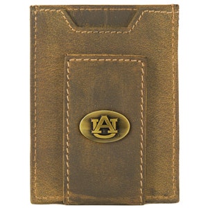 Cartera de cuero con bolsillo frontal magnético para hombre de Auburn Tigers. Cuero de plena flor color canela vintage con logotipo de latón antiguo