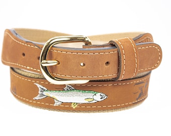 Tarpon Embroidered Nubuck Leather Belt. Tan Full Grain Leather Tabs, Solid Brass Buckle and Cotton Webbing.