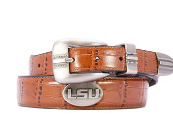 LSU Tigers Men's Dressy Leather Belt. LSU Gift. Tigers Merch. Croc