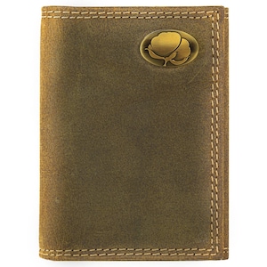 Cartera de cuero de tres pliegues para hombre de Cotton Boll. Cuero de grano completo vintage color canela con logotipo de latón antiguo