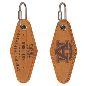 Auburn Tigers Collegiate Full Grain Leather Key Fob. Brown Burnished and Tan Embossed Key Ring. Vintage Rhombus Shape Screw-in Closure.