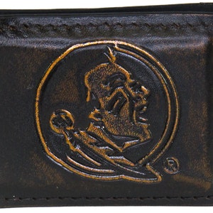 Florida State Seminoles Men&#39;s Collegiate Money Clip. Brown Burnished Full Grain Finish With Debossed Logo