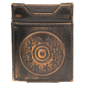 Cartera de cuero con bolsillo frontal magnético para hombre de Shotshell. Acabado marrón bruñido de grano completo con logotipo grande grabado en relieve