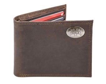 Mississippi State Bulldogs Men's Collegiate Bifold Leather Wallet. MSU Passcase Wallet. MS State Gift. Silver Metal Concho Emblem.
