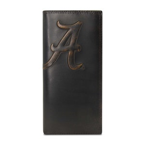 Cartera de cuero para secretario universitario de Alabama Crimson Tide para hombre. Acabado de grano completo bruñido marrón con logotipo grande grabado en relieve
