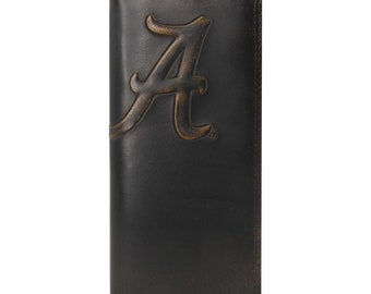 Alabama Crimson Tide Männer Brieftasche aus Leder. Braun brüniertes Vollkorn-Finish mit großem geprägtem Logo