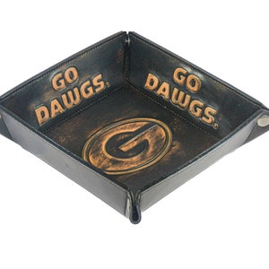 Georgia Bulldogs Men's Collegiate Valet Tray, Catch-all, Desk Organizer, Nightstand Tray. Brown Burnished Full Grain Leather Finish.