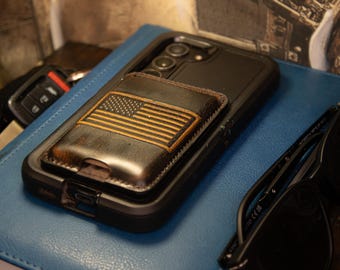 American Flag Magnetic Phone Card Holder – Brown Burnished Leather or Old School Camo