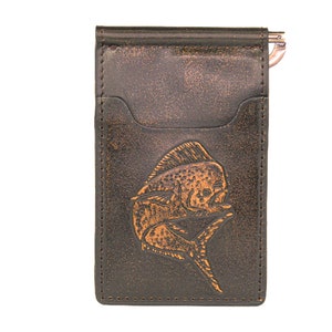 Cartera de cuero con clip de bolsillo frontal para hombre Dolphin Mahi-mahi. Acabado de plena flor marrón bruñido con logotipo grabado