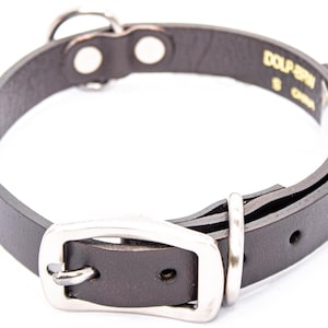 May include: A black leather dog collar with a silver-colored buckle and ring. The collar has a small metal ring for attaching a leash and is approximately 1 inch wide. The collar is labeled "DOLP-BRN S CHINA".
