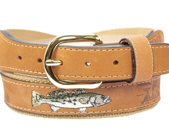 Speckled Trout Embroidered Nubuck Leather Belt. Tan Full Grain Leather Tabs, Solid Brass Buckle and Cotton Webbing.