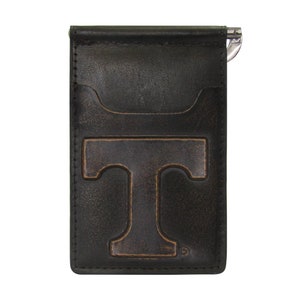 Cartera de cuero con clip de bolsillo frontal colegial para hombre Tennessee Vols. Acabado de plena flor marrón bruñido con logotipo grabado