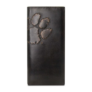 Cartera de cuero Clemson Tigers Collegiate Secretary para hombre. Acabado de plena flor marrón bruñido con logotipo grande grabado