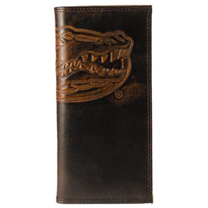 Cartera de cuero para hombre de los Florida Gators, de estilo colegial, con acabado de grano completo bruñido en marrón y logotipo grande grabado en relieve