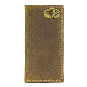 Cartera de cuero para hombre Mallard Secretary. Cuero de grano completo vintage color canela con logotipo de latón antiguo