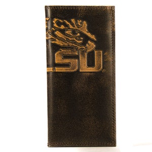 Cartera de cuero para secretario universitario de LSU Tigers para hombre. Acabado marrón bruñido de grano completo con logotipo grande grabado en relieve