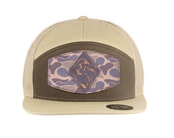 Mallard Hand Burnished Full Grain Old School Camo Brown Leather Patch Hat. 7-Panel Modern Flat Bill Cap. Richardson 168 Snapback Hat.