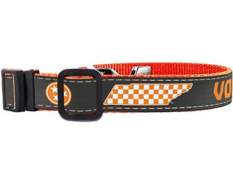 Tennessee Vols Collegiate Woven Ribbon Dog Collar. Adjustable Nylon Webbing. Plastic Snap Buckle and Silver D-ring. Stadium Pet Collar