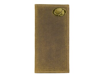 Cotton Boll Men's Bifold Leather Wallet. Vintage Tan Full Grain Leather With Antique Brass Logo
