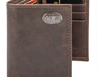 Ole Miss Rebels Men's Collegiate Trifold Leather Wallet. Ole Miss Wallet. Ole Miss Merch. Rebels Gift. Silver Metal Concho Emblem