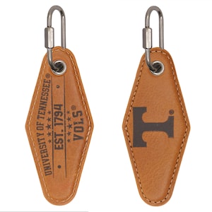 Tennessee Vols Collegiate Full Grain Leather Key Fob. Brown Burnished and Tan Embossed Key Ring. Vintage Rhombus Shape Screw-in Closure.