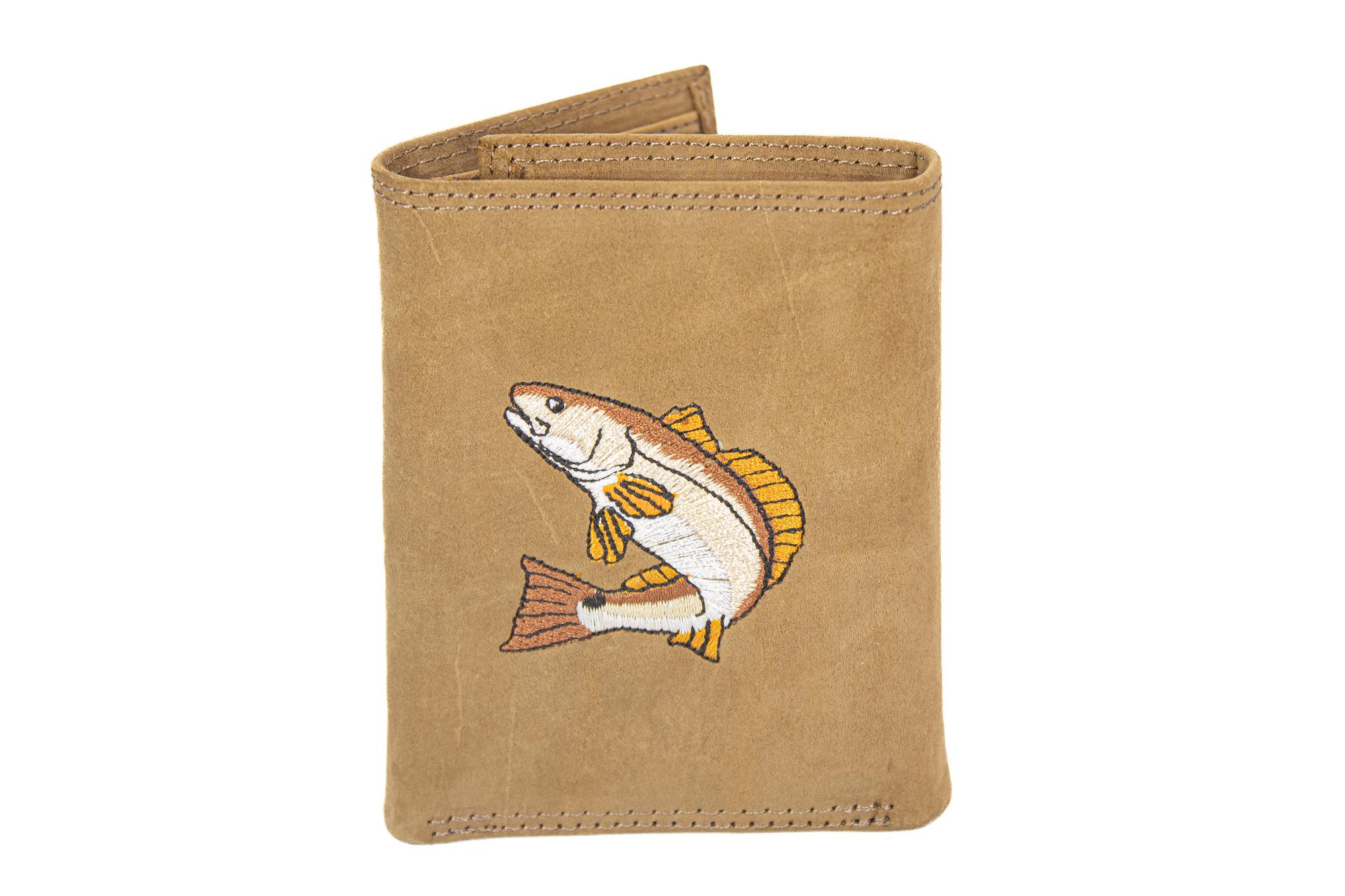 Redfish Men's Embroidered Leather Wallet. Bifold Passcase. Trifold