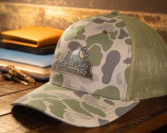 Virginia Map Old School Camo Trucker Hat. Burnished Full Grain Leather Patch. 5-Panel Richardson 112 Snapback Cap. Stitched Map Patch.
