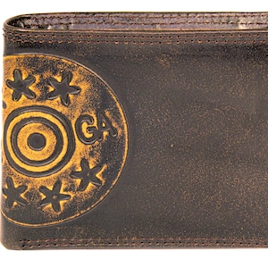 Cartera plegable de cuero Shotshell para hombre. Acabado de plena flor marrón bruñido con logotipo grande grabado
