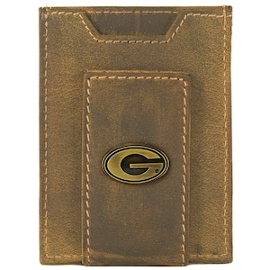 Cartera de cuero con bolsillo frontal magnético para hombre Georgia Bulldogs. Cuero de plena flor color canela vintage con logotipo de latón antiguo
